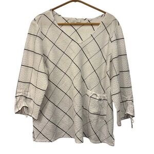 Habitat Womens White Black Plaid Textured V‎ Neck 3/4 Sleeve Top Size Large